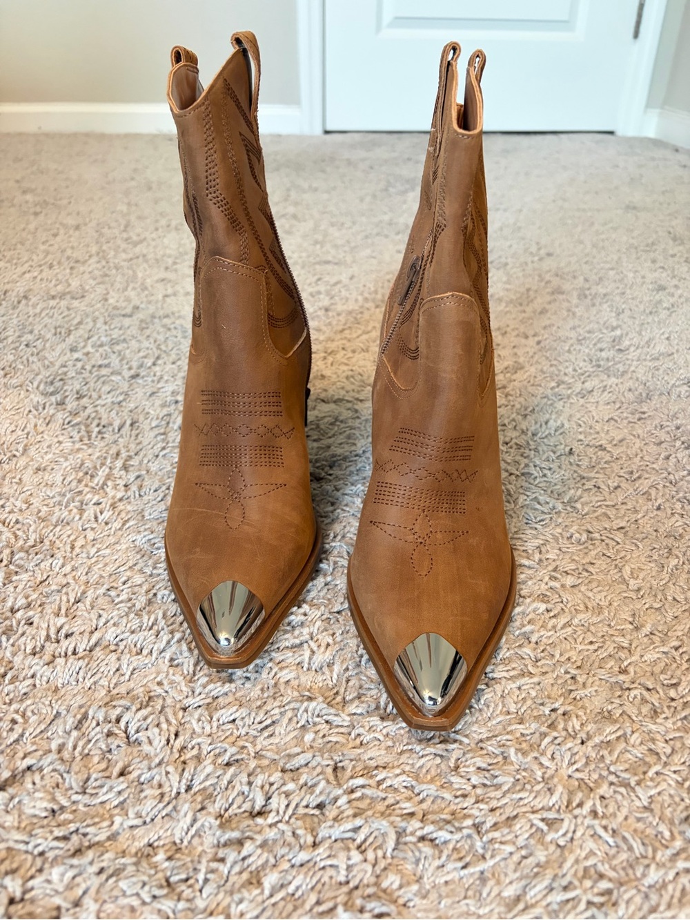 Women’s Tan Western Pointed Toe Booties with Metallic Cap